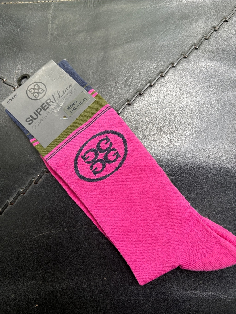 G/FORE Hot Pink Crew Socks with Dark Navy Logo and Olive Cuff Stripe,L/Xl, 10-13
